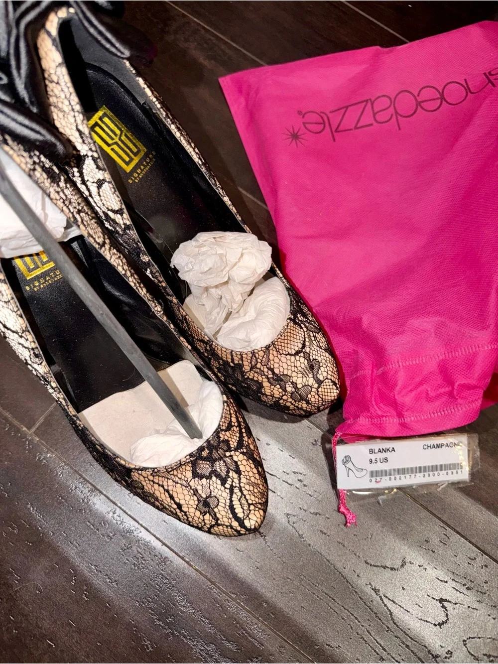 Shoe Dazzle Blanka Black Lace-Pump with Satin Rosette + signature pink bottom